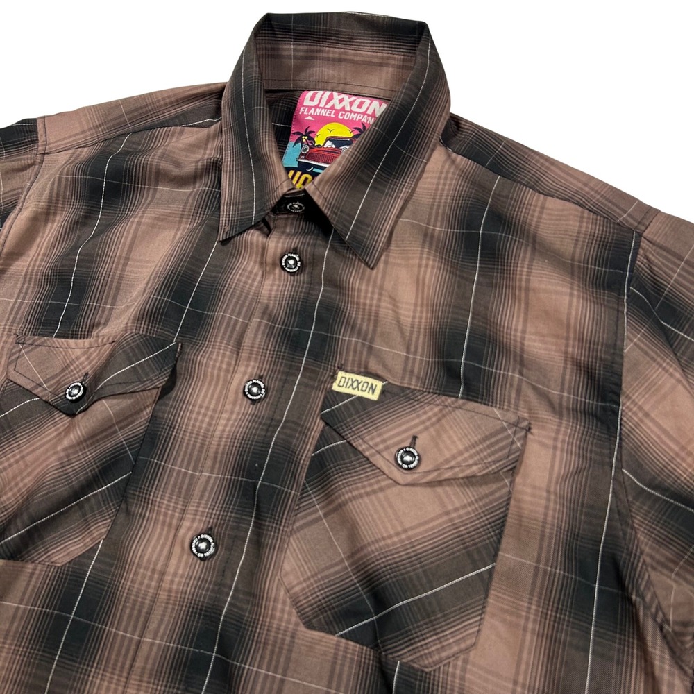 Dixxon Havana Shirt Mens Large Brown Black Plaid Bamboo Blend Short Sleeve